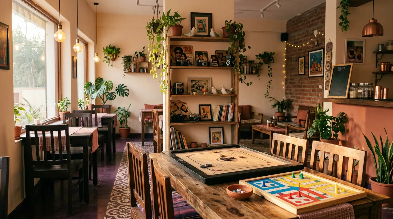 Warm cafe interior with pendant lights, plants, photo props, and carrom and ludo boards on a wooden table