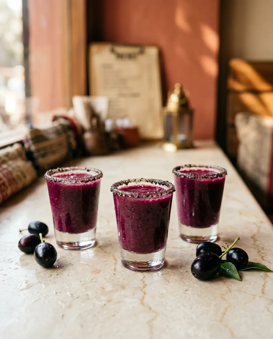 Three salt-rimmed Jamun Shots on a marble counter with fresh jamun berries